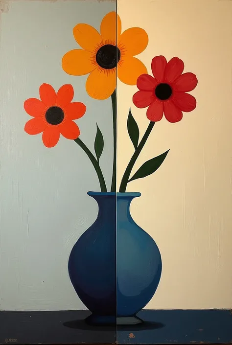 an avant-garde art painting of a vase with three simple flowers, divides the painting into four and thus in each part a different style of avant-garde art, something abstract, something never seen before, that generates feelings of sadness and curiosity 