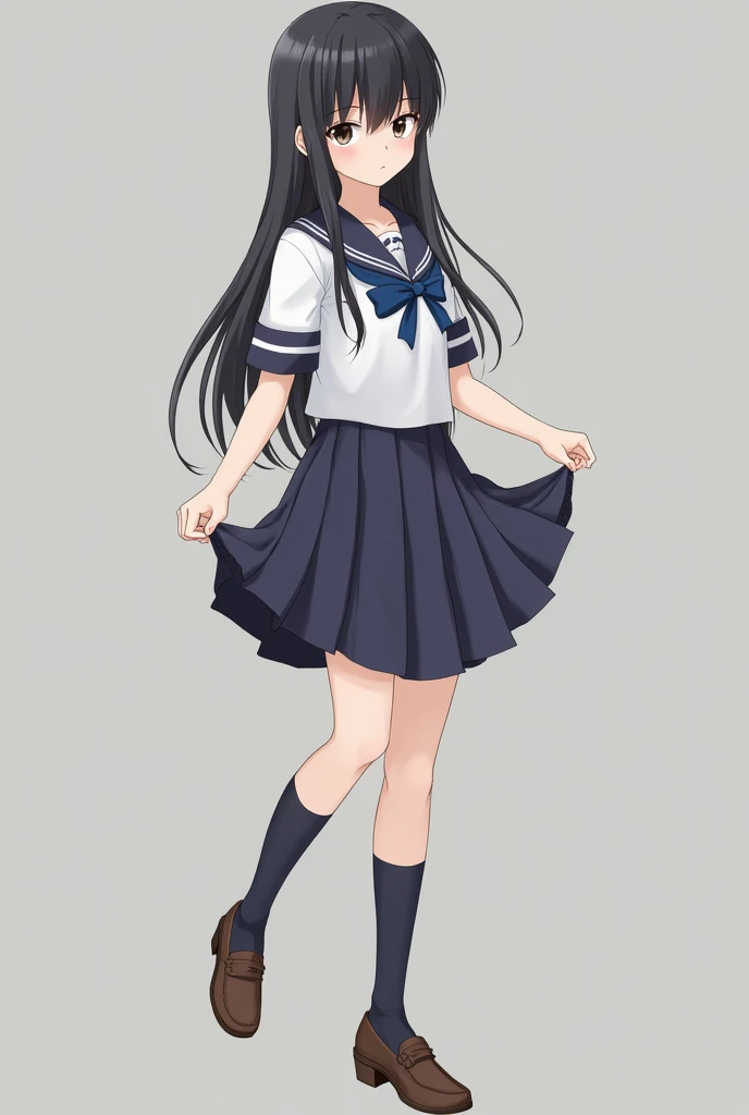 Japanese schoolgirl with her skirt pulled up to reveal her underwear、Black Hair、Long Hair、Navy blue socks、loafers、Real