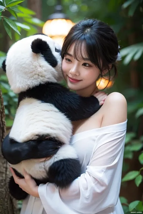 Panda plays with beautiful girls