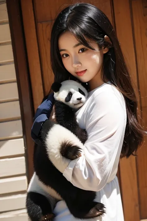 Panda plays with beautiful girls