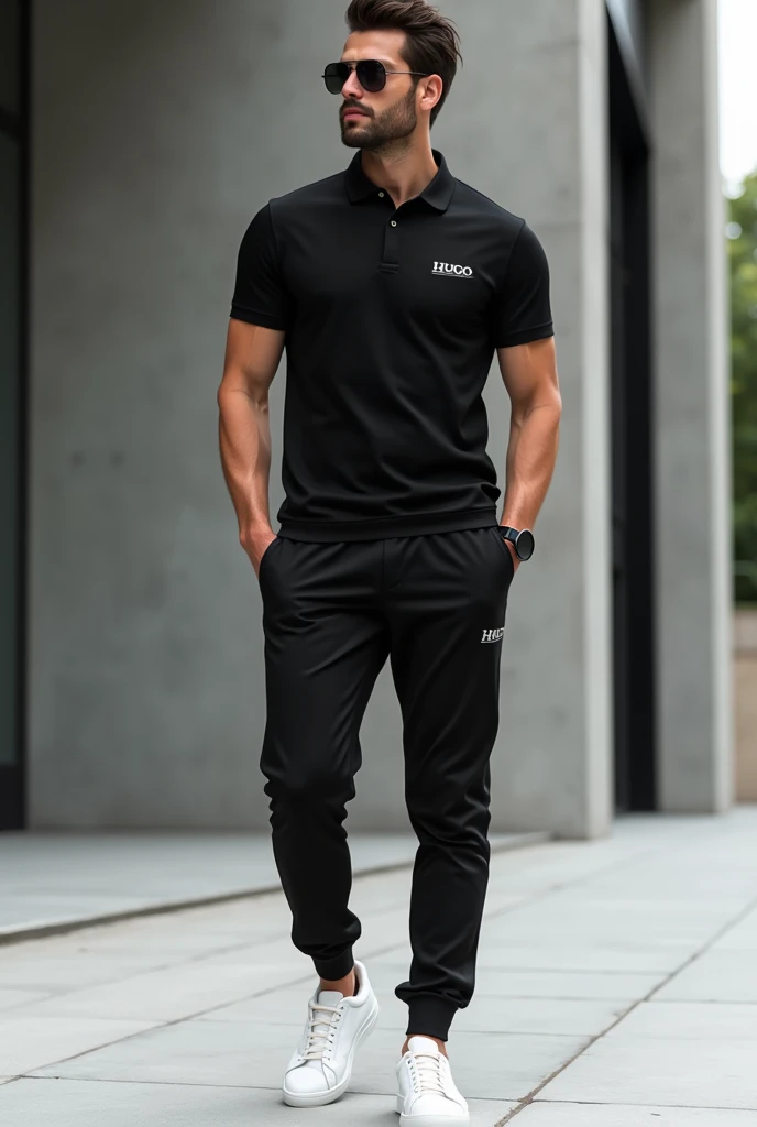 Man wearing a black Hugo brand polo shirt outfit with black smart jogger and white sneakers 