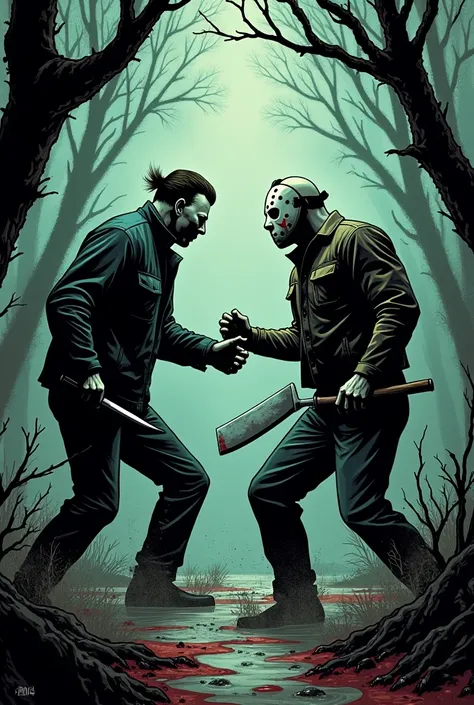 Create a comic book-style image of Michel Myers fighting Jason in a swamp, Michael mayers has a knife in his hand and Jason a machete should look like a comic 