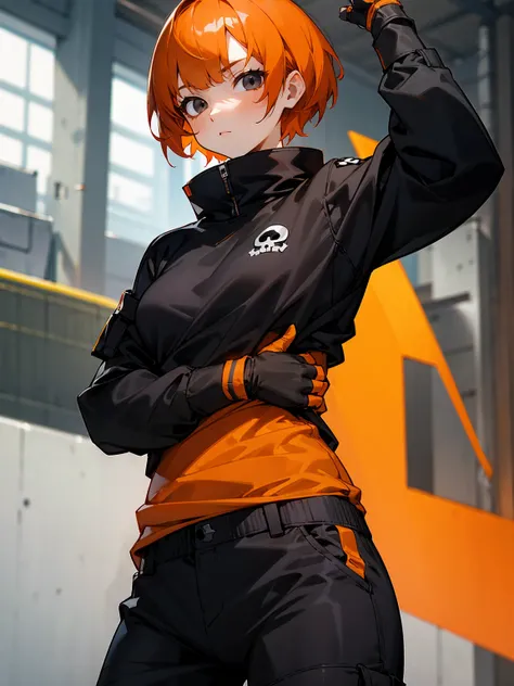 1female, black eyes, orange hair, short hair, black skull sweatshirt, lean build, black military pants, arm wrappings, warehouse