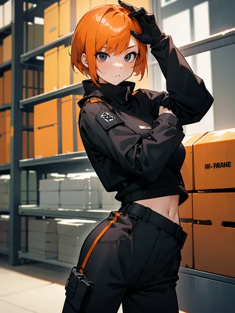 1female, black eyes, orange hair, short hair, black skull sweatshirt, lean build, black military pants, arm wrappings, warehouse