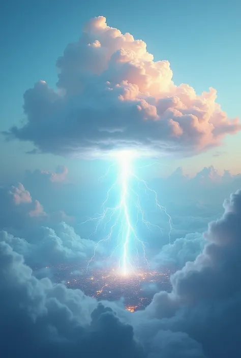 Prophetic cloud surrounded by electric waves descending from the sky towards an earthly city, within a light blue background with pastel colors