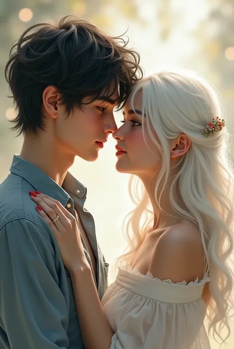 Young black haired man in love with white haired girl grey eyes