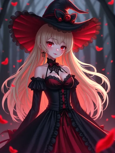 Anime style, Vampire, black and red theme Gothic Lolita style clothing, long blonde hair, red eyes, big witch hat