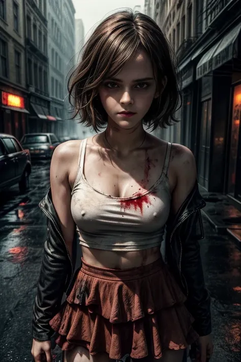 (Emma Watson) Short white t-shirt, Long Straight Hair, Smeared with blood, Small  underneath a mini t-shirt, blood dripping down, zombies chasing her, zombies running after her, face smeared with blood, blood on her clothes, Small  in a torn blood stained ...