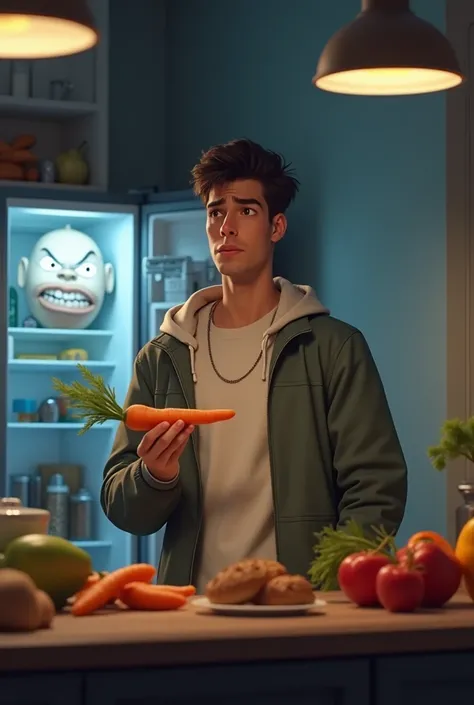 The same young man, this time holding a carrot and looking unsure. The fridge door is slightly ajar, and the digital screen shows a stern, animated face. On the counter, there are a few healthy snacks like fruits and vegetables.