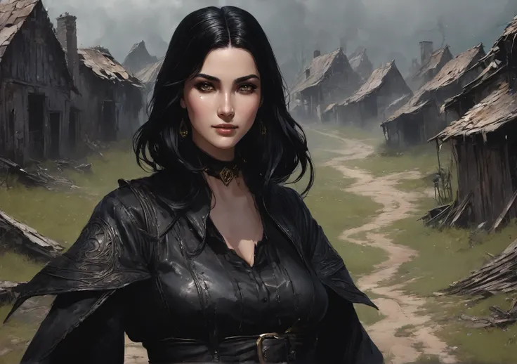 a one woman, caucasiano, Almond-colored eyes, arched eyebrow, oval face, smiling, Bblack hair, Witch of the Black Mist, profile view, black detailed leather clothing, dark energy around, background of an abandoned and destroyed village.