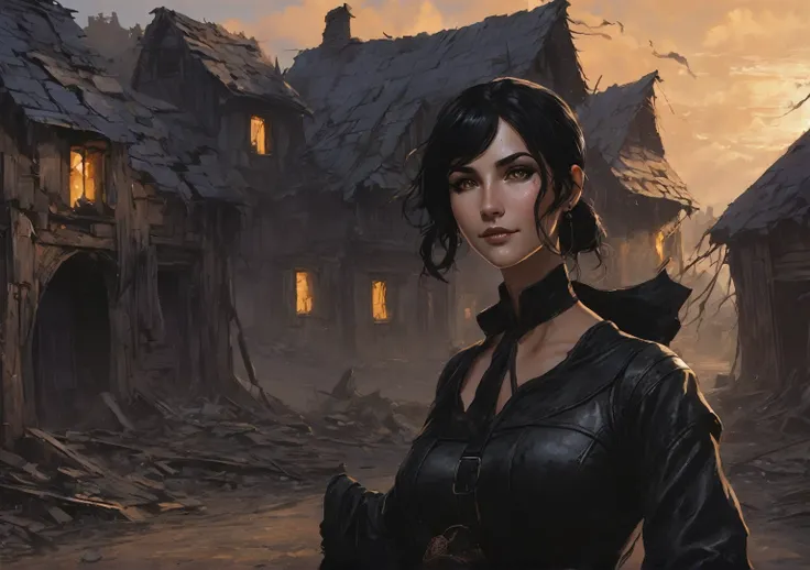 a one woman, caucasiano, Almond-colored eyes, arched eyebrow, oval face, smiling, Bblack hair, Witch of the Black Mist, profile view, black detailed leather clothing, dark energy around, background of an abandoned and destroyed village.