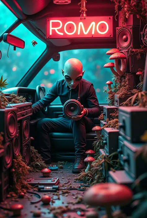 An alien installing a sound system in a car with a drill,There are many mushrooms of different sizes on the floor,giants and small ones of many colors,big and small speakers and sound comes out of them,installation wires ,few marijuana leaves,tools lying a...