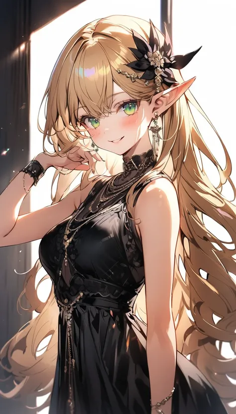 (elf girl:1.3), (green eyes:1.2), (blonde hair:1.2), (hand raised:1.1), (smiling:1.0), (blush:1.0), (black dress:1.2), (jewelry:1.0), (long hair:1.2), (pointed ears:1.2), (purple hair accessory:1.1), (detailed clothing:1.0), (morning light:1.0), (natural l...