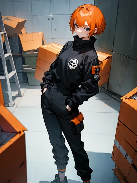 1female, black eyes, orange hair, short hair, black skull sweatshirt, lean build, black military pants, arm wrappings, warehouse, hands in pocket