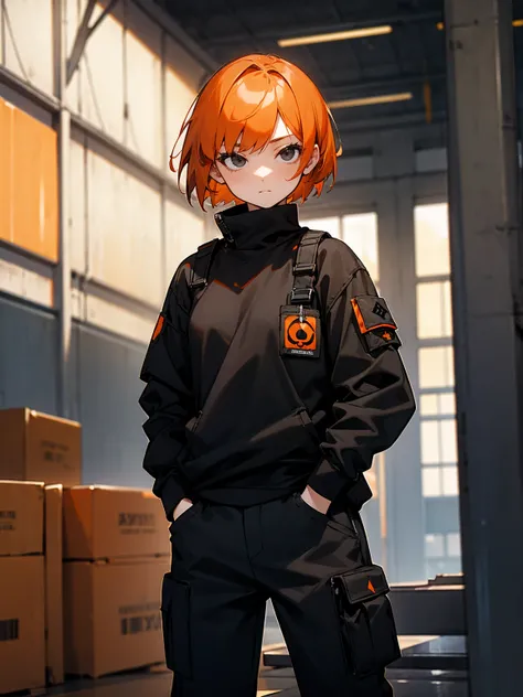 1female, black eyes, orange hair, short hair, black skull sweatshirt, lean build, black military pants, arm wrappings, warehouse, hands in pocket