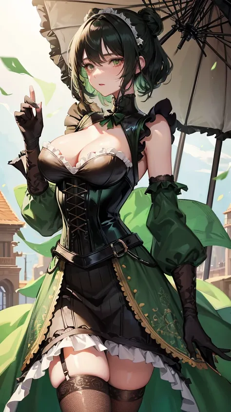 1 girl, anime, high quality, intricate details, black hair, fluffy hair, short hair, elegant, futuristic setting, maid dress, stockings, green streaks in hair, steampunk accessories, stoic expression, lacy umbrella, curvy build, lacy gloves, confident pose...