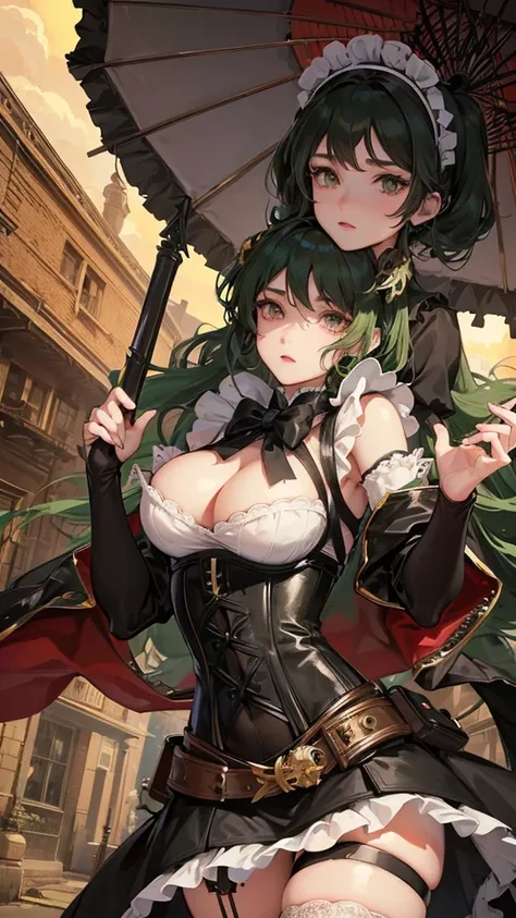 1 girl, anime, high quality, intricate details, black hair, fluffy hair, short hair, elegant, futuristic setting, maid dress, stockings, green streaks in hair, steampunk accessories, stoic expression, lacy umbrella, curvy build, lacy gloves, confident pose...