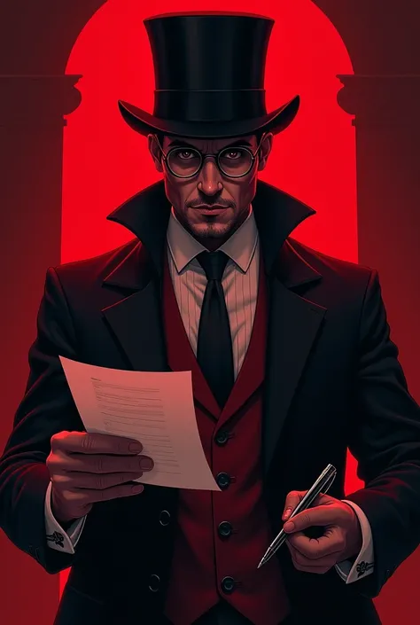 A devilish and well-dressed man in wine and red tones.
He wears round glasses and a top hat., holds a contract in one hand and a pen in the other