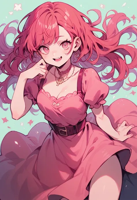 long red hair , pink riibbon,pink dress,pink eye