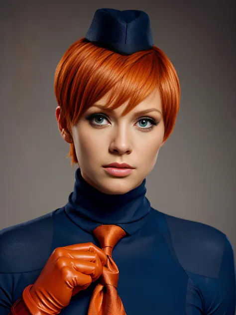 sfJuni, orange hair, short hair, blue eyes, hat, necktie, gloves, ribbed bodysuit
