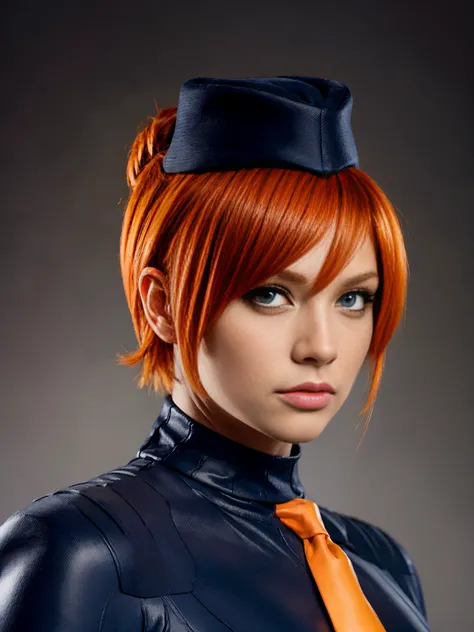 sfJuni, orange hair, short hair, blue eyes, hat, necktie, gloves, ribbed bodysuit
