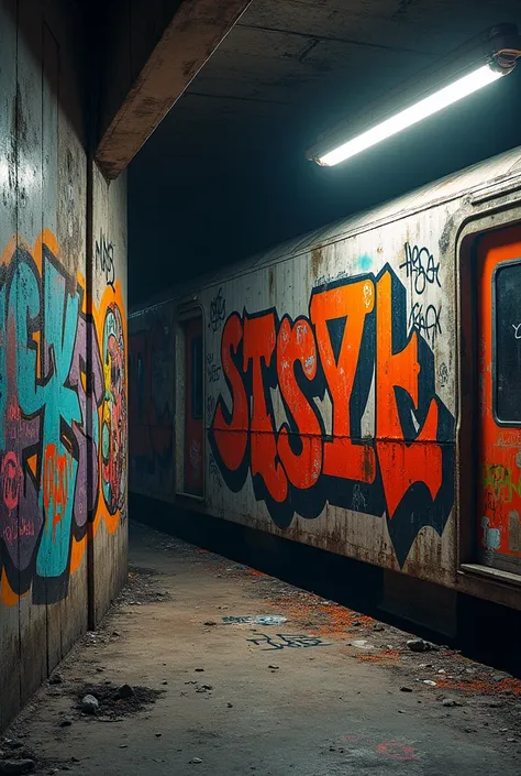 Realistic graffiti on walls and subway cars