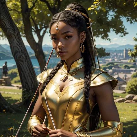 (​masterpiece, best quality:1.5), highest quality, High resolution, super detailed, Realists, Upper body photo of a black female archer, black skin, detailed and beautiful eyes, beautiful detailed lips, very detailed eyes and face, longeyelashes, Archer in...