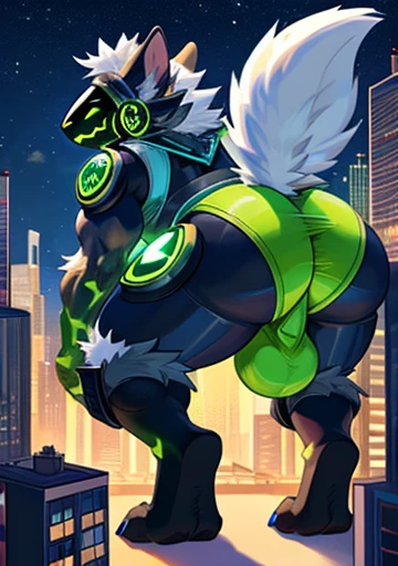 Protogen, (white fur with some green strands of fur) , city, happy, male, 8 foot 0, standing, looking at viewer, muscular, (big ass), back view, ass bursting out of green underwear, green glowing balls, bending over, white ass, cock, cum, macro