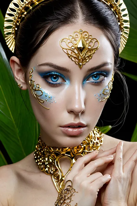 Young Amazon pale white skin, perfect, liquid metal gold, lingerie molten gold slime girl, cubren sutilmente su entrepierna tatuajes varios de diseños intrincados usa joyería con piedras preciosas su cuerpo es perfecto en forma de reloj de arena bien torne...