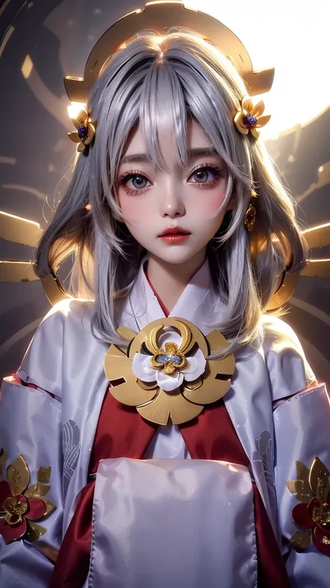 Cute doll-like girl　Japanese style　Golden kimono　Bob Hair　Silver Hair　Gorgeous large flower hair ornament　Golden halo　Big eyes　
Gaze, Angel Halo, The background is glowing
