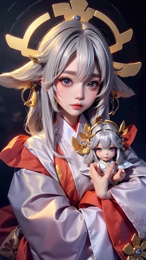 Cute doll-like girl　Japanese style　Golden kimono　Bob Hair　Silver Hair　Gorgeous large flower hair ornament　Golden halo　Big eyes　
Gaze, Angel Halo, The background is glowing
