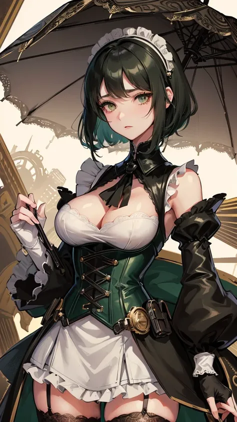 1 girl, anime, high quality, intricate details, black hair, fluffy hair, short hair, elegant, futuristic setting, maid dress, stockings, green streaks in hair, steampunk accessories, stoic expression, lacy umbrella, curvy build, lacy gloves, confident pose...