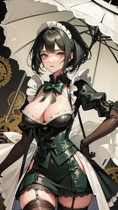 1 girl, anime, high quality, intricate details, black hair, fluffy hair, short hair, elegant, futuristic setting, maid dress, stockings, green streaks in hair, steampunk accessories, stoic expression, lacy umbrella, curvy build, lacy gloves, confident pose...