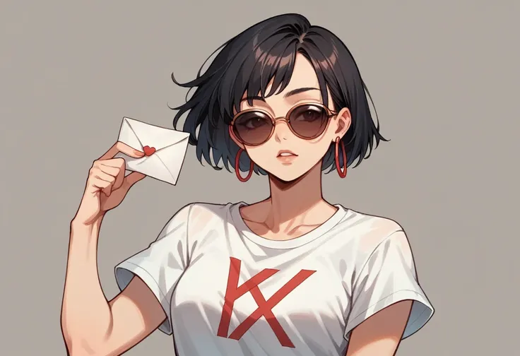 An Asian woman with short black hair wearing sunglasses and red hoop earrings wearing a white t-shirt with a black letter X on the chest