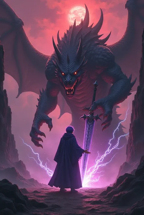 A wizard with short purple hair facing a red half-dragon with a greatsword