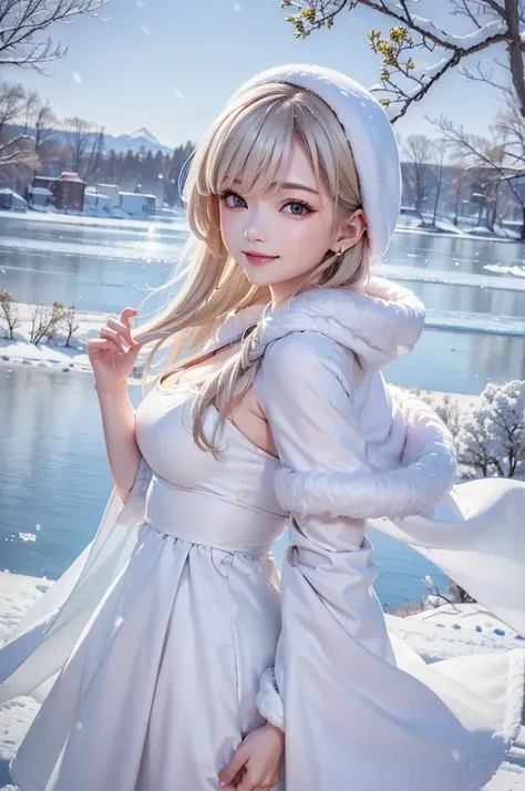 (the upper body:1.5).masterpiece、Highest quality、1 girl, winter, platinum blonde hair, Cute girl, smile, close mouse, medium breasts, sideboob:1.2, white dress, winter clothes, long skirt, Fur coat、Small waist、Thin legs、outdoors, front of the lake, snow fa...