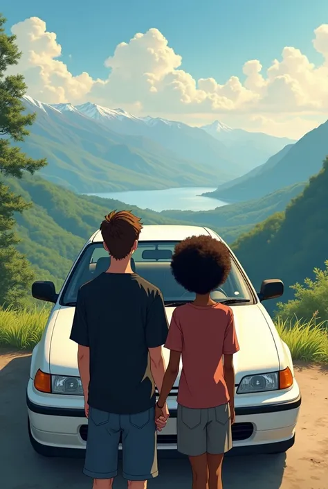 Couple leaning against a white 1995 Honda Civic coupe, envisioning a beautiful landscape. The husband is white, has 1.73 tall and weighs 63kg. He has straight, dark brown hair., light brown eyes and black loose shirt. The woman is black, has 1.59 tall and ...