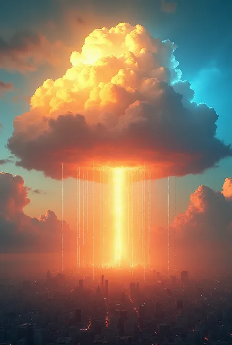 Giant cloud that fills the entire upper part of the image filled with yellow colored rays, Orange and blue rays filled with electric waves which descend towards an earthly city. filling the background with light blue, with red, and sunset colors