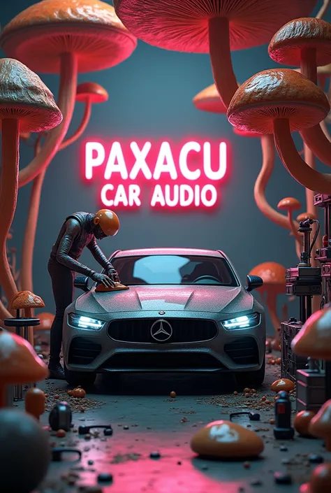 Audio and sound installation workshop for cars there is an alien installing a stereo in a car,The car has big horns and all over the place there are big and small mushrooms of different colors.,There are tools lying on the floor,drills,drawer speakers,spea...