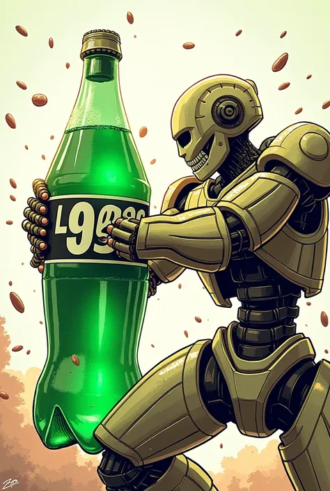 I want a picture of a green soda bottle named L9AR3A knocking out a robot character named PHINEX with the name L9AR3A shown on the bottle and the emoji of PHINEX shown on the robot