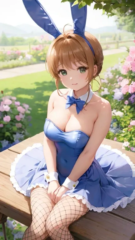 Delicate composition, Super detailed, Highest quality, Blurred foreground, Dynamic Views, 1 girl, (Captivating smile:0.6), alone, Large Breasts, Hair Intake, From above, Beautiful and detailed gardens, Fluttering fine petals, growing up, Bunny ears, Detach...