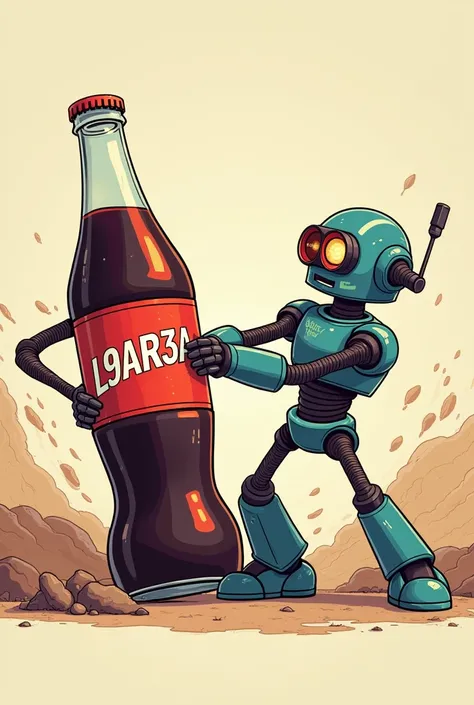 I want a picture of a green soda bottle named L9AR3A knocking out a robot named PHINEX with the name L9AR3A shown on the bottle and the emoji PHINEX shown on the robot. I want the robot to be the loser in the picture.