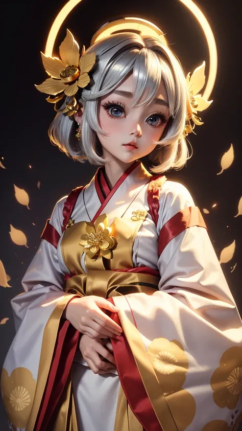 Cute doll-like girl　Japanese style　Golden kimono　Bob Hair　Silver Hair　Gorgeous large flower hair ornament　Golden halo　Big eyes　
Gaze, Angel Halo, The background is glowing
