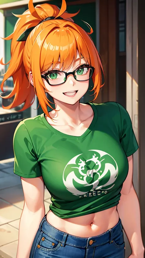 Girl, ponytail hair, orange hair, green eyes, cute girl, glasses, smile, green t-shirt, short denim, city 