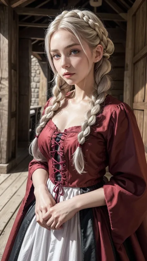 A woman with lilac eyes and white hair with medieval braids wearing a red and black medieval dress