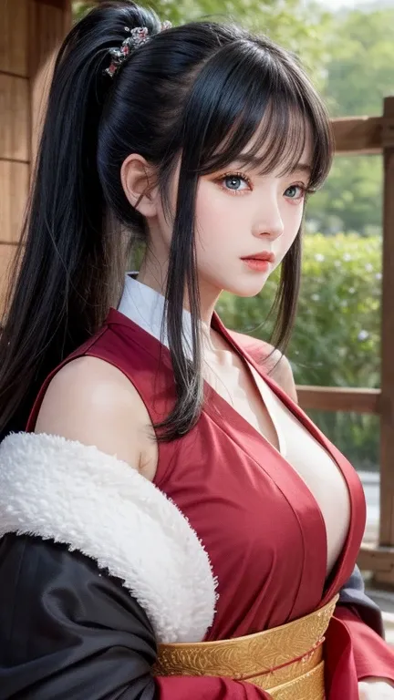 1Girl, Beautiful, Perfect Body, Perfect Breast, Very Long Hair, Pure Black Hair, Hime Cut, Ponytail, Blue Eye, Shrine Maiden Dress, Nights, Masterpiece, Front Fancing, ((Potrait:1.1))