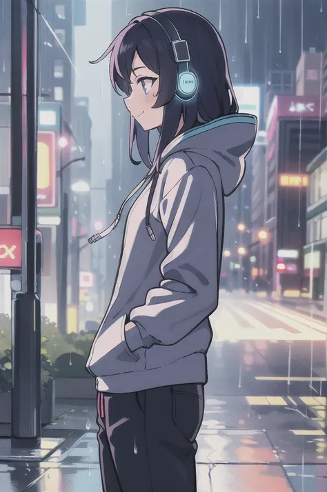 masterpiece,1girl,solo,incredibly absurdres,hoodie,headphones, street,outdoors,rain,neon lights, light smile, hood up, hands in pockets, looking away, from side