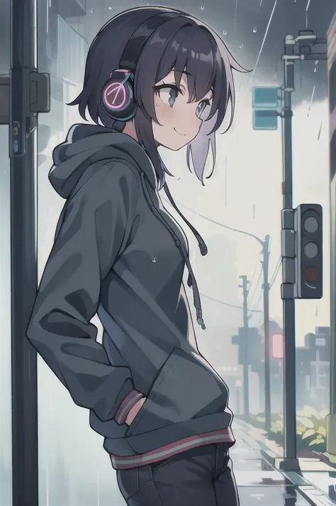 masterpiece,1girl,solo,incredibly absurdres,hoodie,headphones, street,outdoors,rain,neon lights, light smile, hood up, hands in pockets, looking away, from side