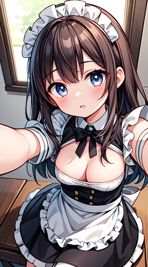 score_9, 1girl, cleavage, clothes lift, small breasts, sitting, on side, maid, maid suits, skinny, looking at viewer, parted lips, detailed eyes, shiny eyes, selfie, reaching out