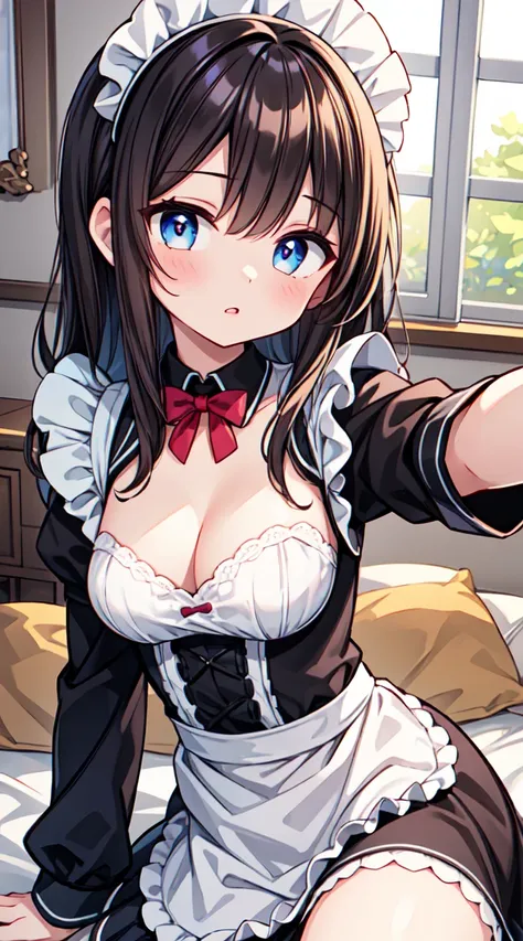 score_9, 1girl, cleavage, clothes lift, small breasts, sitting, on side, maid, maid suits, skinny, looking at viewer, parted lips, detailed eyes, shiny eyes, selfie, reaching out